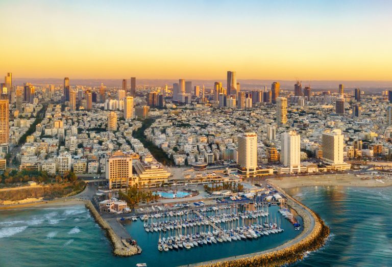Aerial,Sun,Set,View,Of,Mediterranean,Seashore,Of,Tel,Aviv,